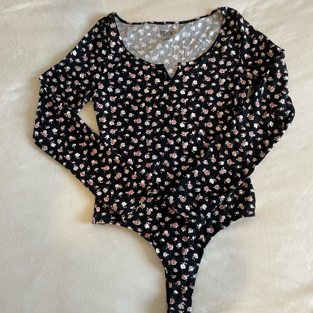Pink VS Floral Long Sleeve Bodysuit